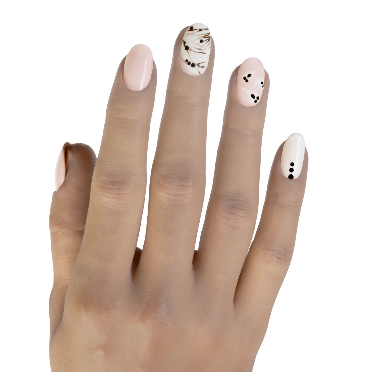 Press on nails rosa nude e bianche con decorazioni nere