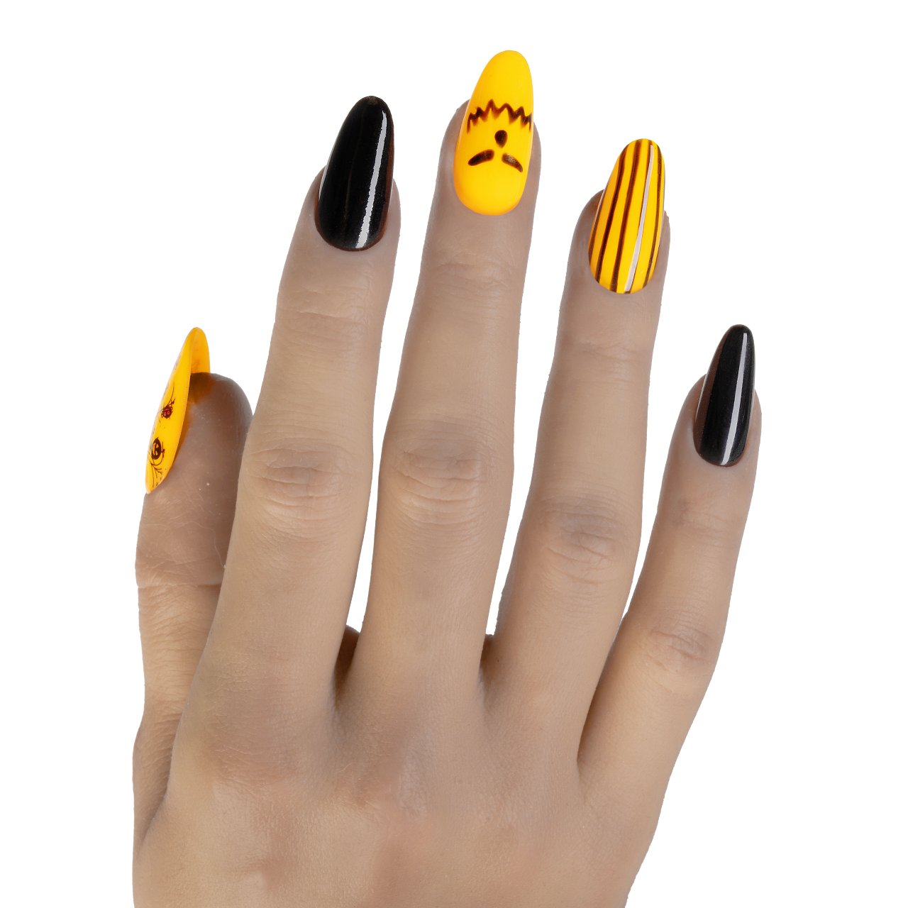 Press on nails nere e gialle con decorazioni e motivo a righe