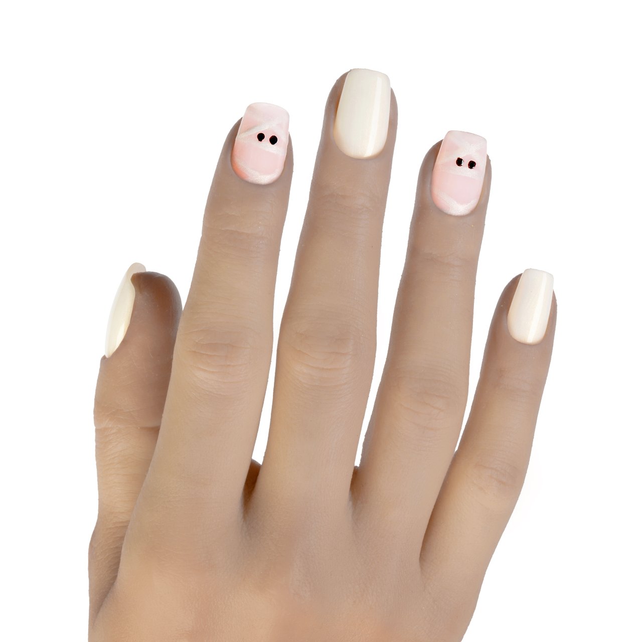 Press on nails bianche e rosa con decorazione ispirata a una mummia e occhi neri