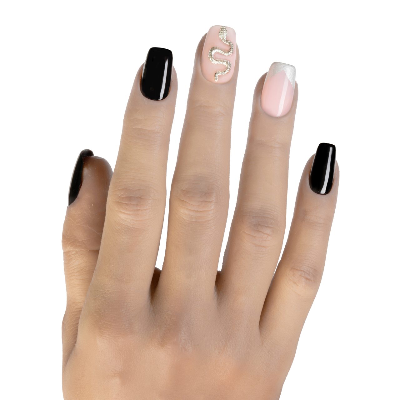 Press on nails nere e rosa nude con serpente gioiello argentato