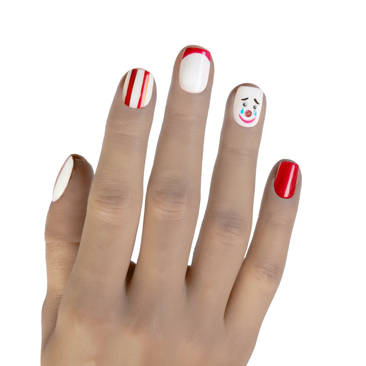 Press on nails bianche e rosse con motivo a righe e decorazione volto di clown