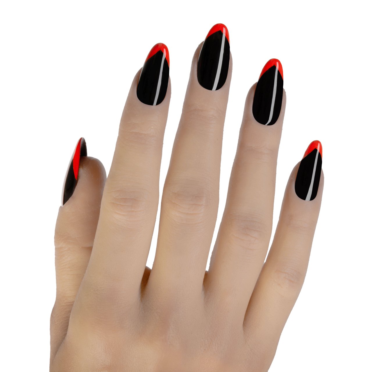 Press on nails nere lucide a stiletto con french manicure rossa
