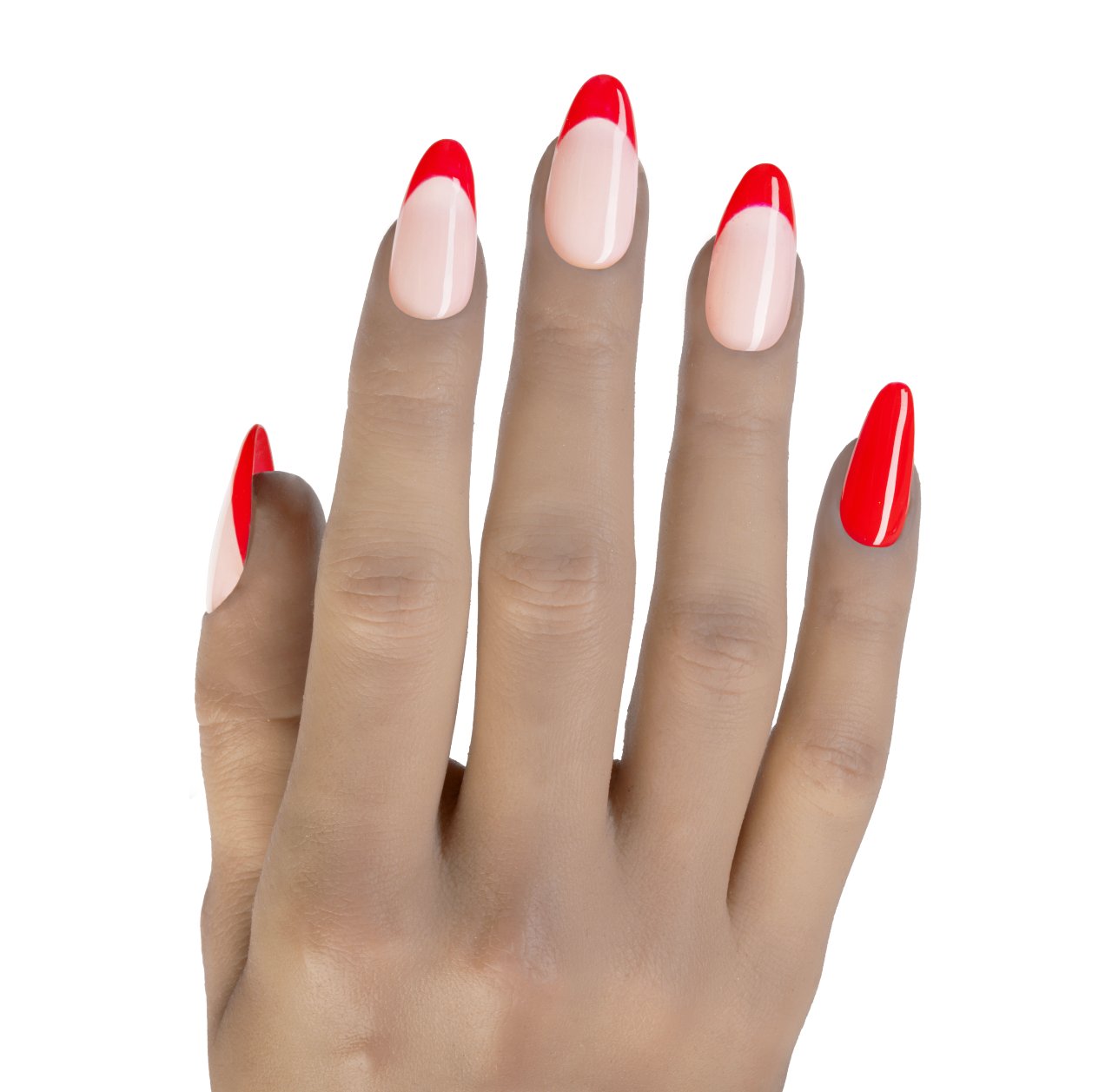 Press on nails rosa nude con french manicure rosso acceso e forma a mandorla
