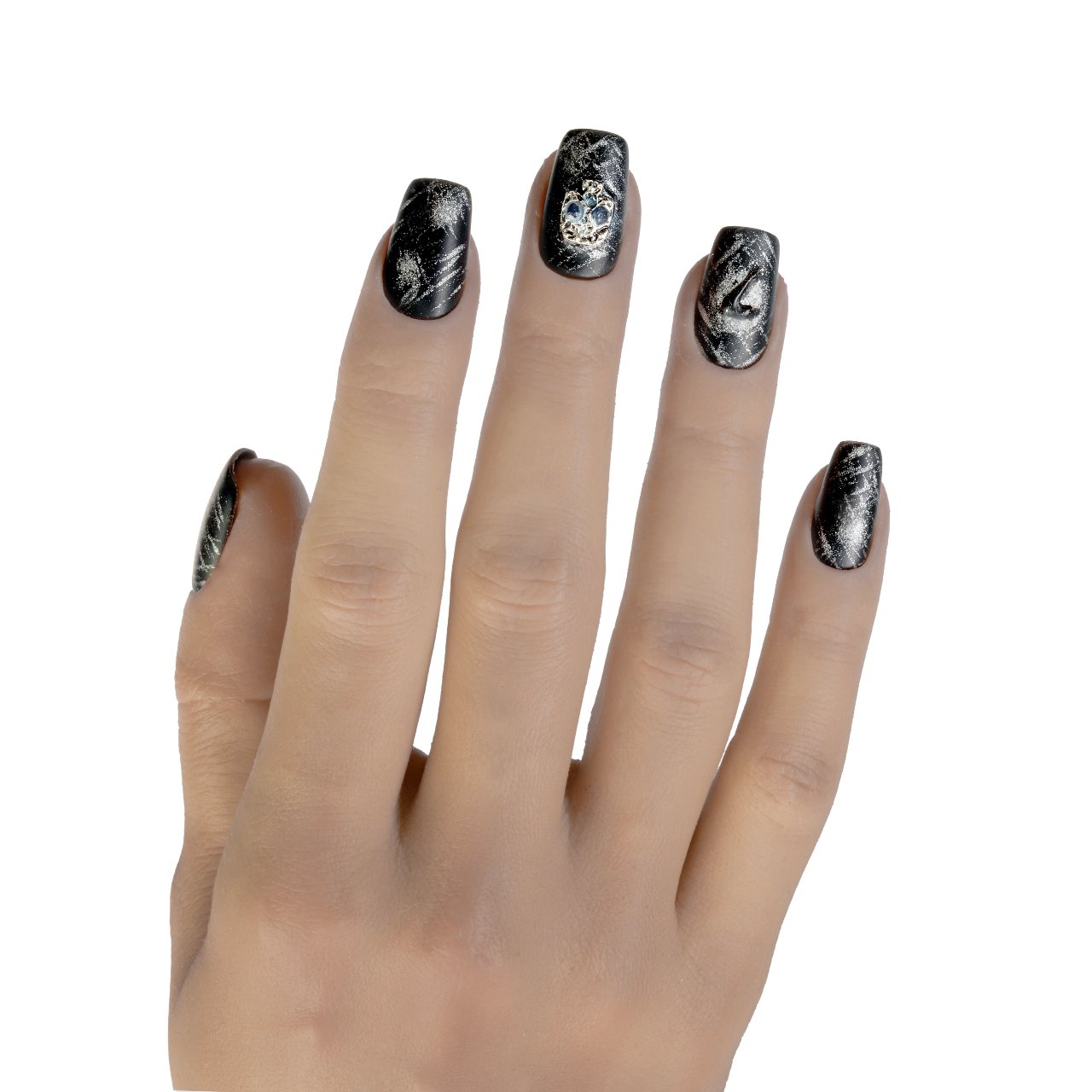 Press on nails nere e argento effetto metallizzato con teschio gioiello